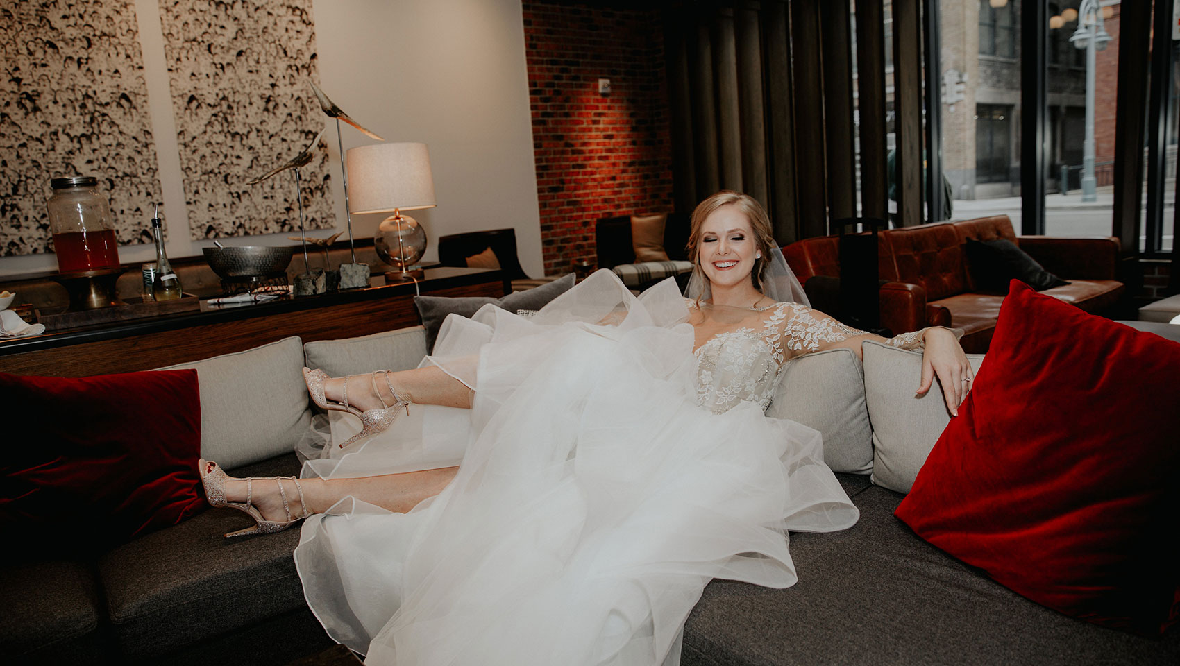 bride on lobby couch at journeyman