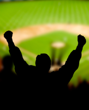 Fans cheering at baseball game